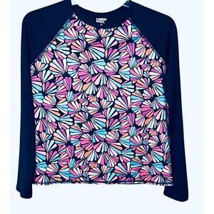 LANDS’ END LONG SLV CREW NECK PULL- OVER TOP, WOMENS, XL, NAVY BLUE-MULTICOLORS
